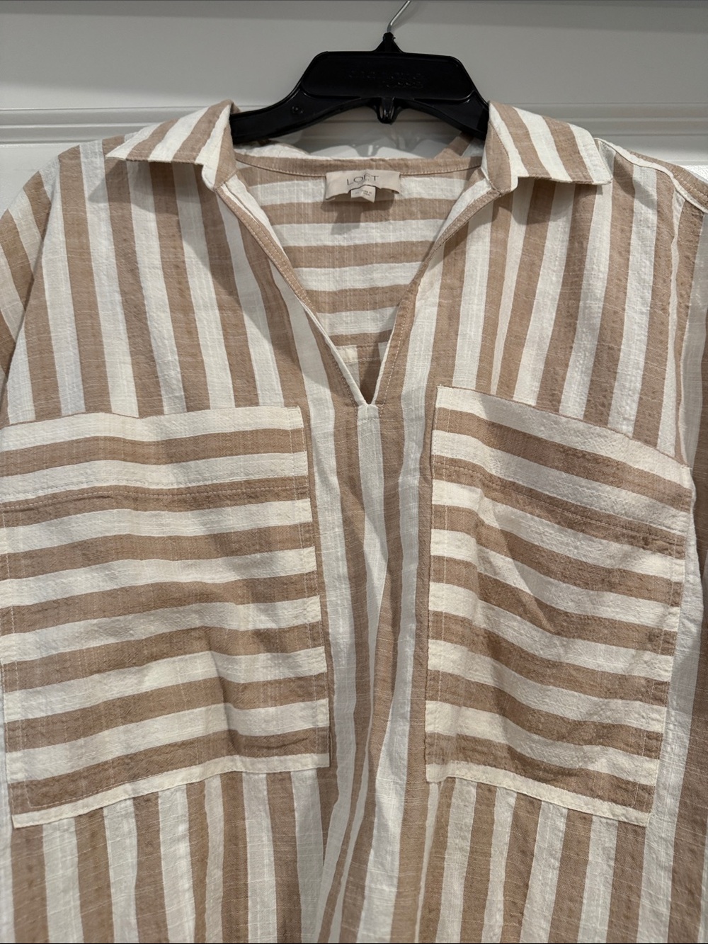 LOFT Striped Short-Sleeve Button-Front Shirt — Beige & White - Picture 2 of 3